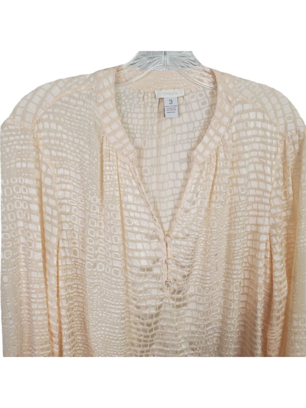 Chicos 3 Size XL Blouse Puff Sleeve Sheer Textured Geometric Flowy Light Blush - Picture 5 of 7